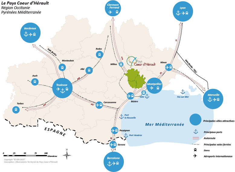 Situation géographique du Pays Coeur d'Hérault dans la région Occitanie,Pyrénées Méditerranée